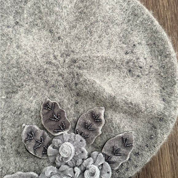 C.C Exclusives Gray Angora Wool Beret Floral Beaded Detail - Picture 6 of 8